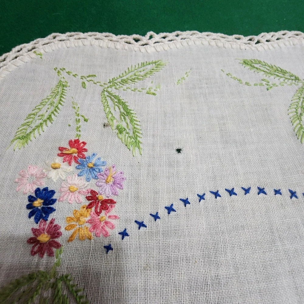 Antique Hand Embroidered Table Runner Bluebird Floral Crochet Lace Trim 36x11